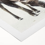 Art deco poster featuring a snowy winter scene in muted blue and white tones on rolled canvas.