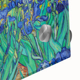 Large abstract wall art on acrylic glass featuring swirling blue and yellow tones in a mid-century modernist style.