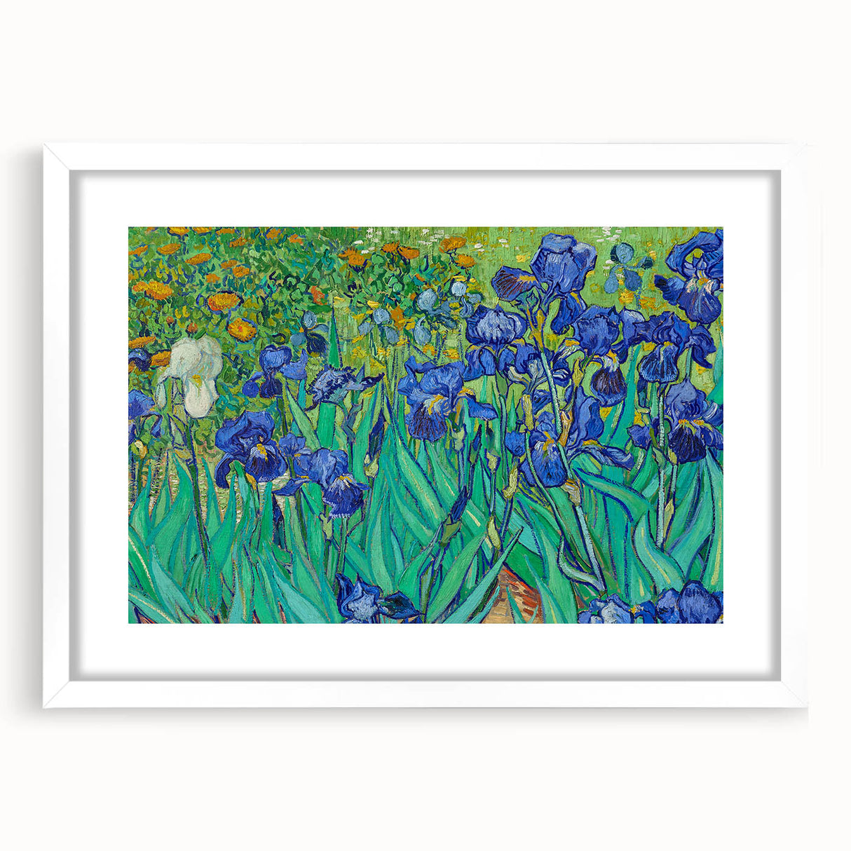 Abstract art print featuring swirling blue and yellow patterns on a white framed canvas.