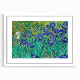 Abstract art print featuring swirling blue and yellow patterns on a white framed canvas.