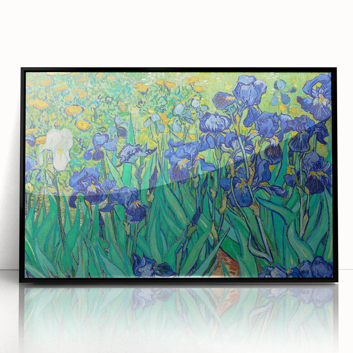 Large abstract wall art in vibrant blue and yellow tones on acrylic, framed in black, reflecting mid-century modernist style.