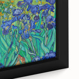 Close-up of a textured, extra large framed canvas depicting a Van Gogh-inspired colorful art scene on a black background.