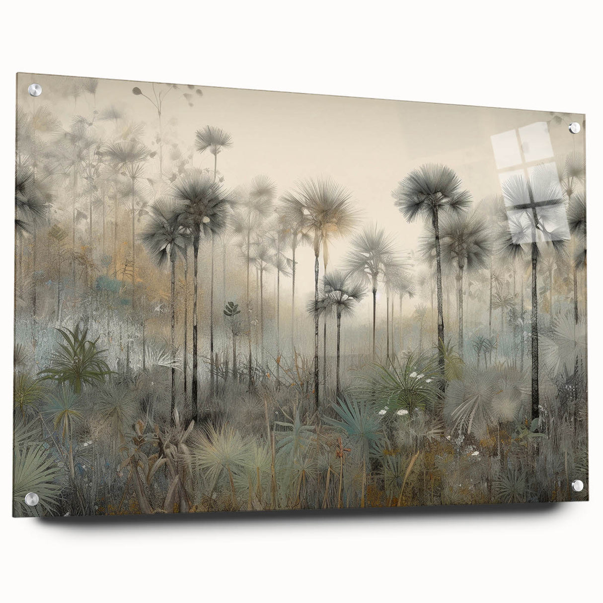 Abstract landscape wall art displayed in a modern acrylic glass frame, showcasing vibrant colors and intricate textures, ideal for contemporary home decor.