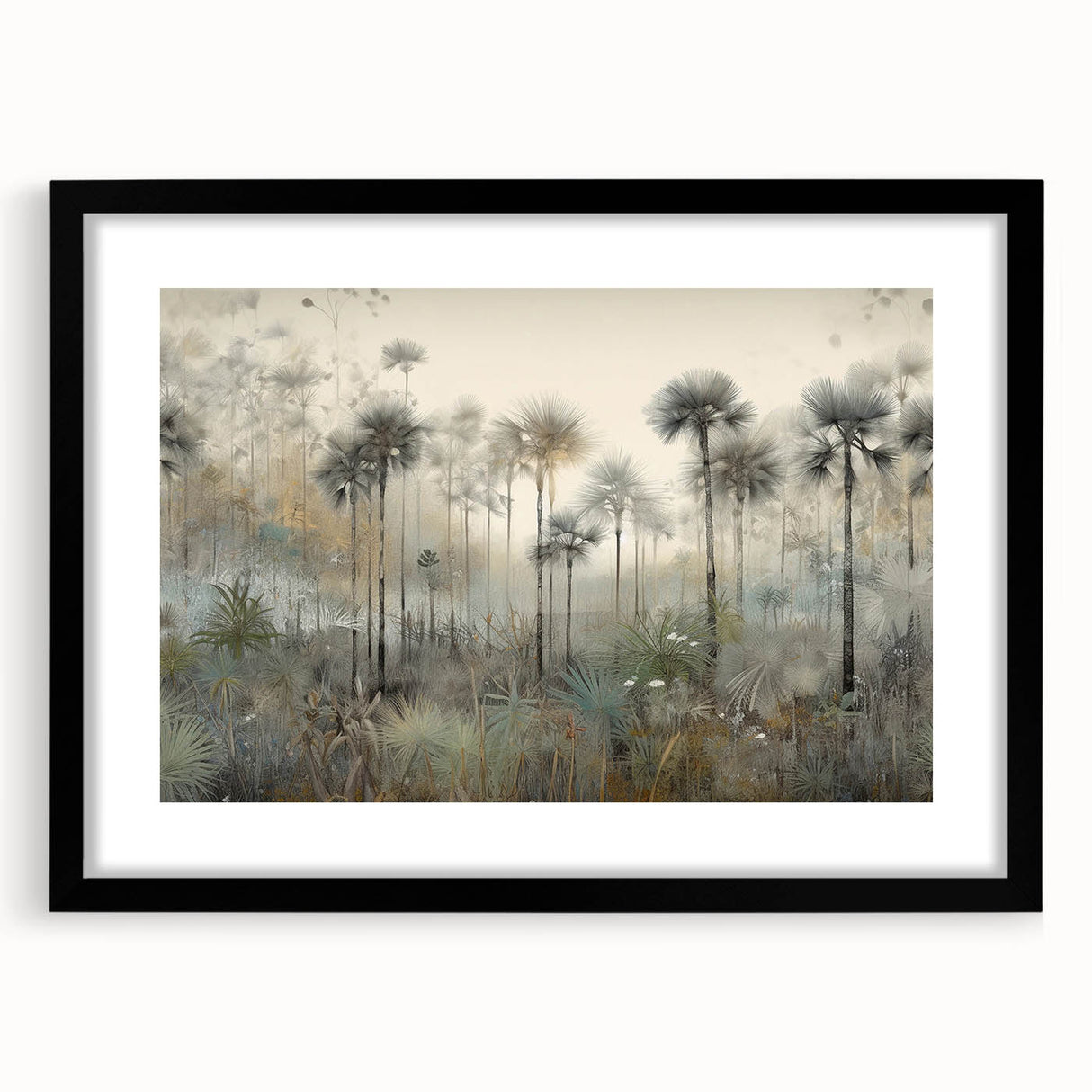 Abstract landscape wall art framed in black with a mat, showcasing vibrant colors and intricate patterns, perfect for modern home decor. Ideal for adding a touch of sophistication to living spaces.
