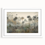 Abstract landscape wall art framed in white with a mat, showcasing vibrant colors and dynamic shapes, ideal for modern home decor and artistic interiors.