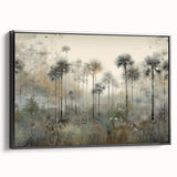 Framed canvas wall art depicting abstract landscapes in muted tones, featuring a sleek black frame and a side view showcasing its elegance and modern aesthetic. Ideal for contemporary home decor.