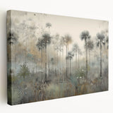 Stretched canvas artwork showcasing an abstract landscape design, featuring rich colors and intricate textures, presented from a side view to highlight its depth and quality. Perfect for modern decor enthusiasts.