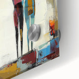 Close-up of an abstract figurative acrylic painting on glass, showcasing vibrant colors and intricate details, perfect for modern home decor.