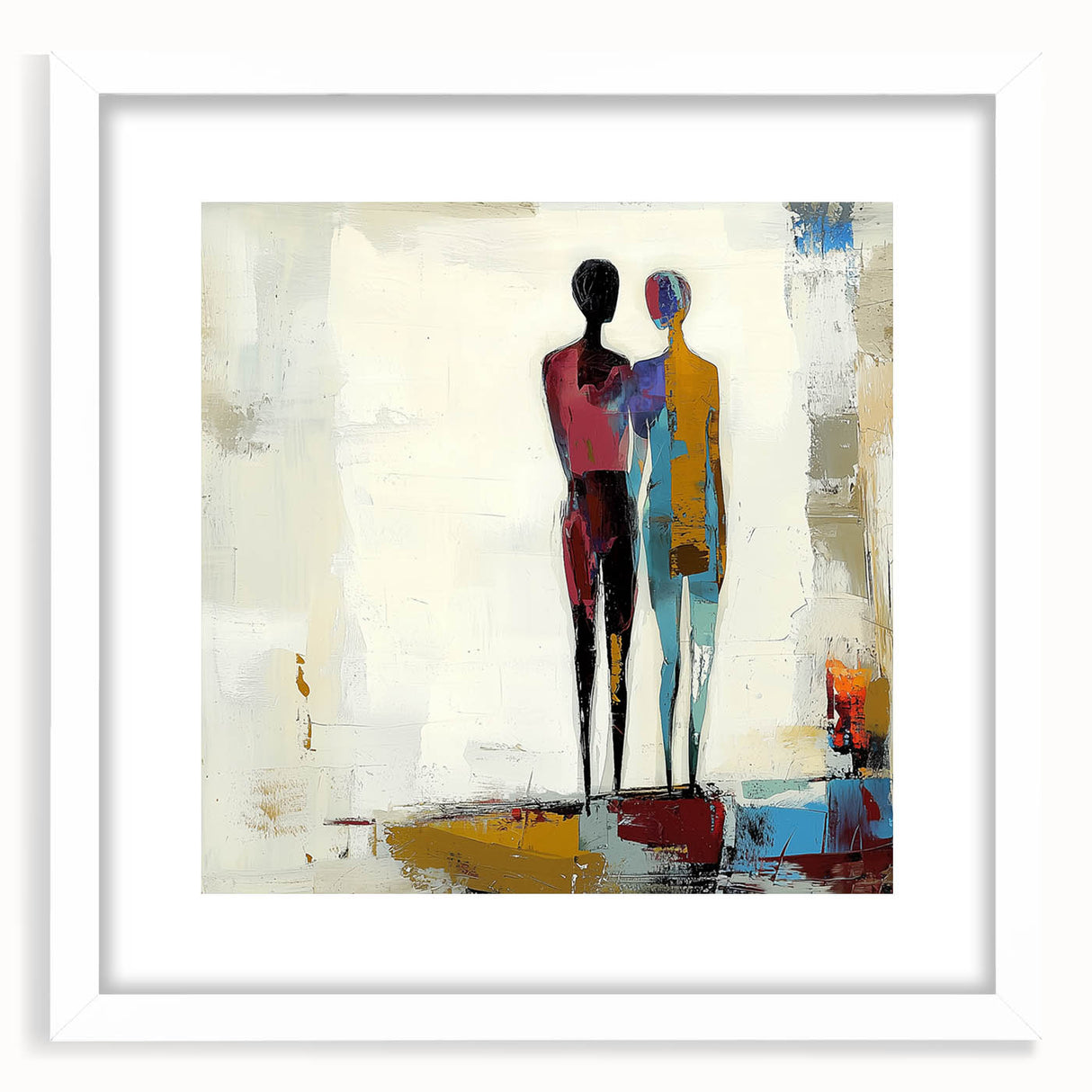 Abstract figurative frame artwork with a white mat, showcasing vibrant colors and dynamic shapes, ideal for modern home decor or art enthusiasts.