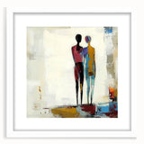 Abstract figurative frame artwork with a white mat, showcasing vibrant colors and dynamic shapes, ideal for modern home decor or art enthusiasts.