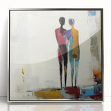Framed abstract figurative art piece in silver acrylic, showcasing vibrant colors and dynamic shapes, ideal for modern home decor. Perfect for adding a contemporary touch to any living space.