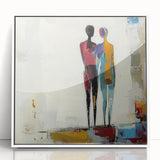 Framed acrylic wall art featuring an abstract, figurative design in vibrant colors, showcasing a modern aesthetic, perfect for contemporary home decor.
