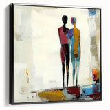 Framed canvas artwork showcasing an abstract figurative design with a sleek black frame, highlighting modern decor elements for contemporary interior styling.