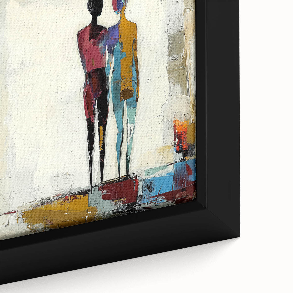 Close-up of a vibrant abstract figurative framed canvas showcasing bold colors and dynamic shapes, perfect for modern home decor or art enthusiasts.