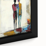 Close-up of a vibrant abstract figurative framed canvas showcasing bold colors and dynamic shapes, perfect for modern home decor or art enthusiasts.