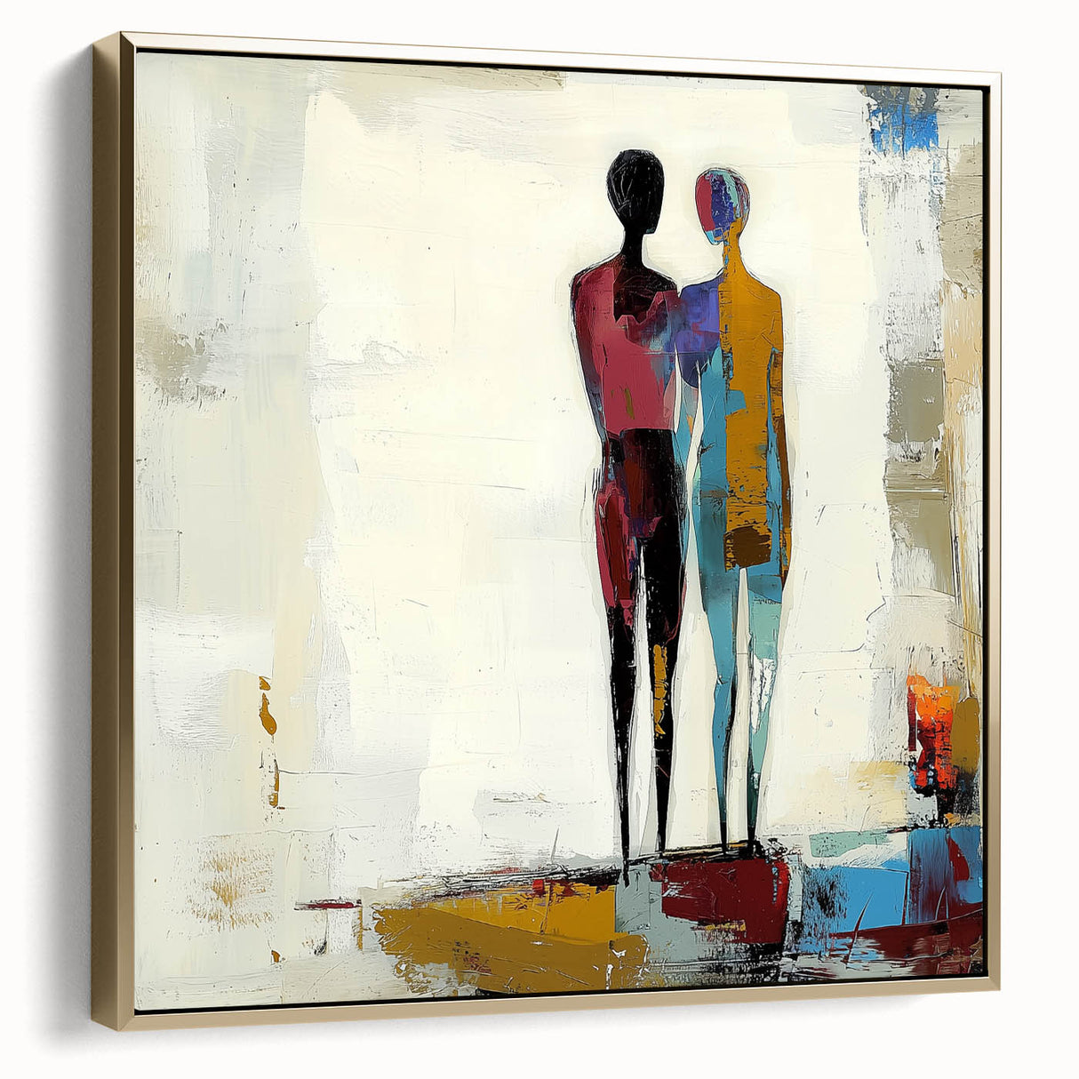Framed abstract figurative canvas artwork in silver and gold tones, showcasing a modern design with dynamic shapes, ideal for contemporary home decor.