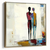 Framed abstract figurative canvas artwork in silver and gold tones, showcasing a modern design with dynamic shapes, ideal for contemporary home decor.