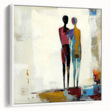 Framed abstract figurative canvas artwork displayed against a white background, featuring vibrant colors and modern design elements, ideal for contemporary home decor.
