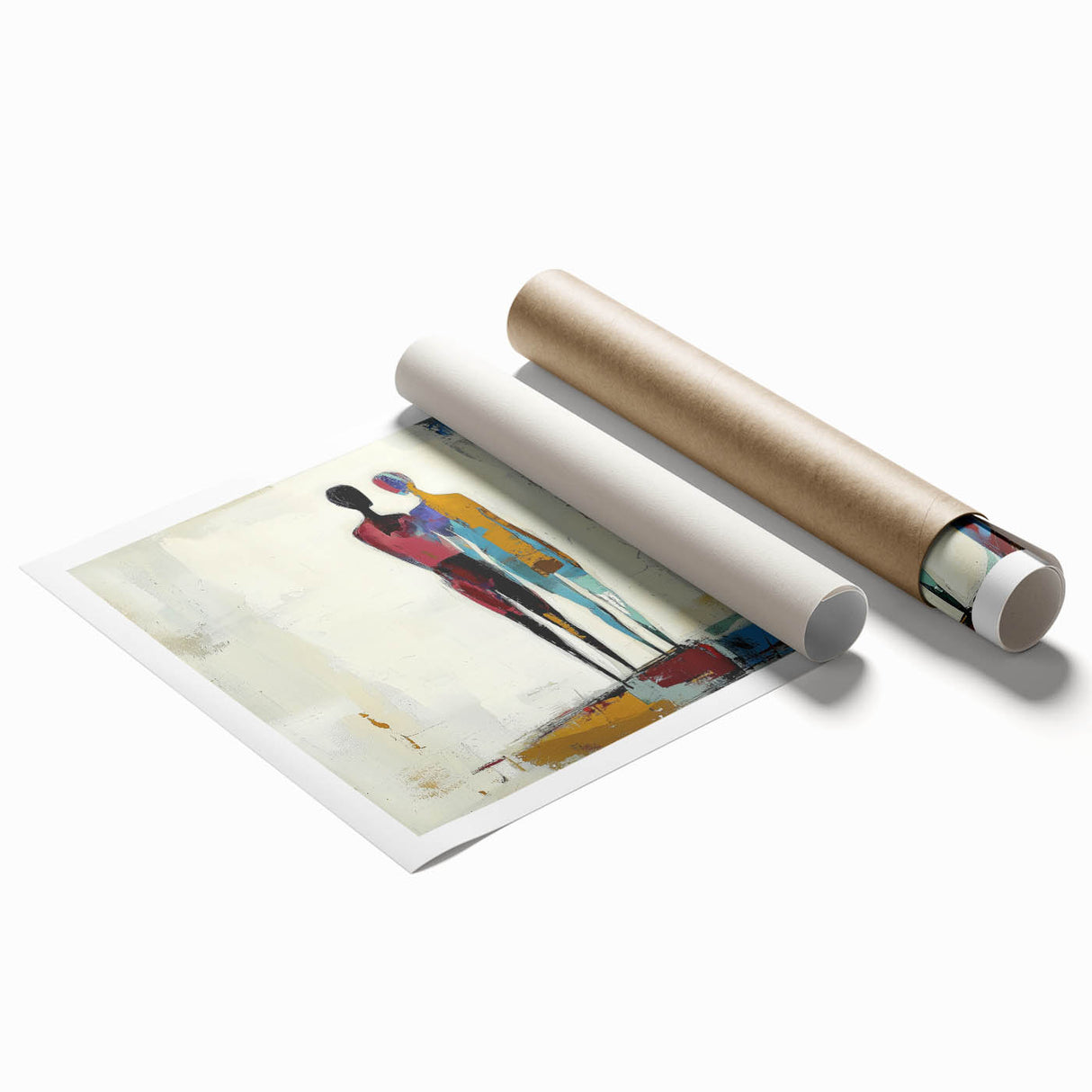 Abstract figurative artwork print showcasing vibrant colors and dynamic shapes, elegantly rolled and packaged in a protective tube, perfect for wall decor.
