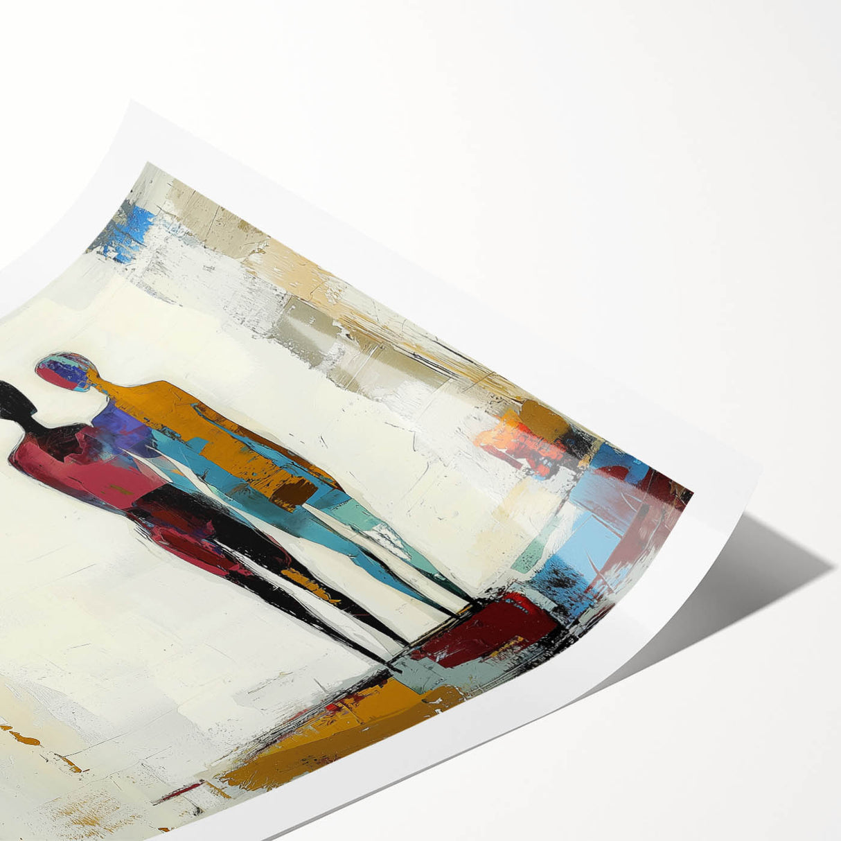Abstract figurative art print featuring vibrant colors and dynamic shapes, elegantly rolled and packaged in a durable tube for easy transport and display.