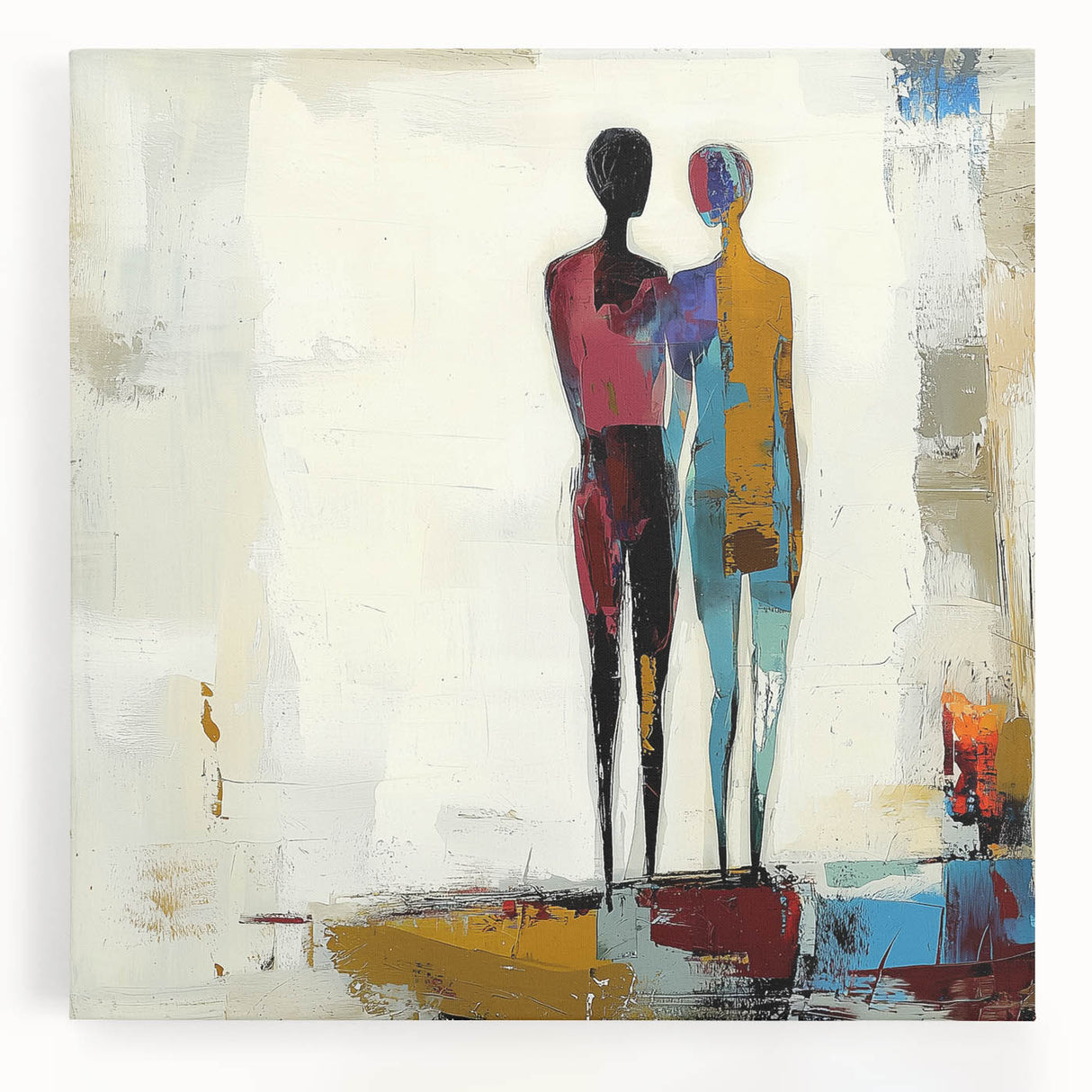 Stretched canvas artwork showcasing a vibrant abstract figurative design in bold colors, perfect for modern home decor. Ideal for art enthusiasts and collectors.