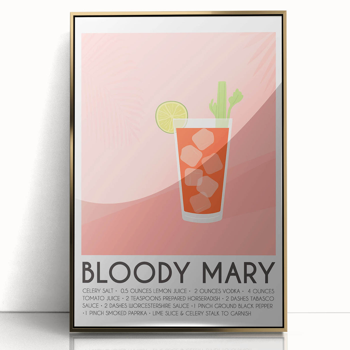 Large art print of assorted fruits in a mid-century modernist style, framed in gold acrylic.