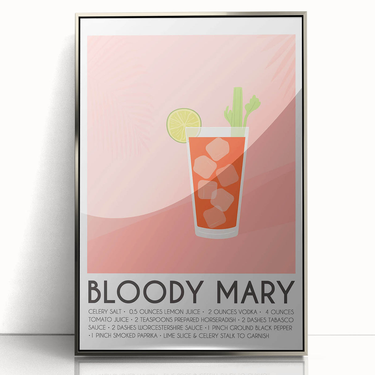 Mid-century modernist art depicting vibrant fruits and beverages on a framed acrylic poster, suitable for nursery wall art.