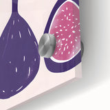 Large abstract wall art featuring assorted fruits in vibrant colors on acrylic glass, ideal for dining room decor.