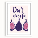 Abstract art print featuring assorted fruits in vibrant colors, framed in white, ideal for dining room decor.