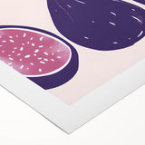Art deco poster featuring an array of colorful fruits on rolled canvas, ideal for dining room wall art.