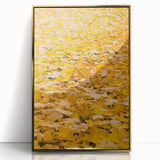 Large art print featuring a mid-century modernist fall scene in gold and orange tones on acrylic.