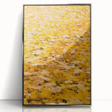 Mid-century modernist art depicting an abstract fall landscape in orange and brown tones, framed in silver acrylic.