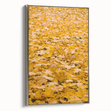Framed canvas featuring a vintage landscape art painting of autumn trees in vibrant red and orange hues.