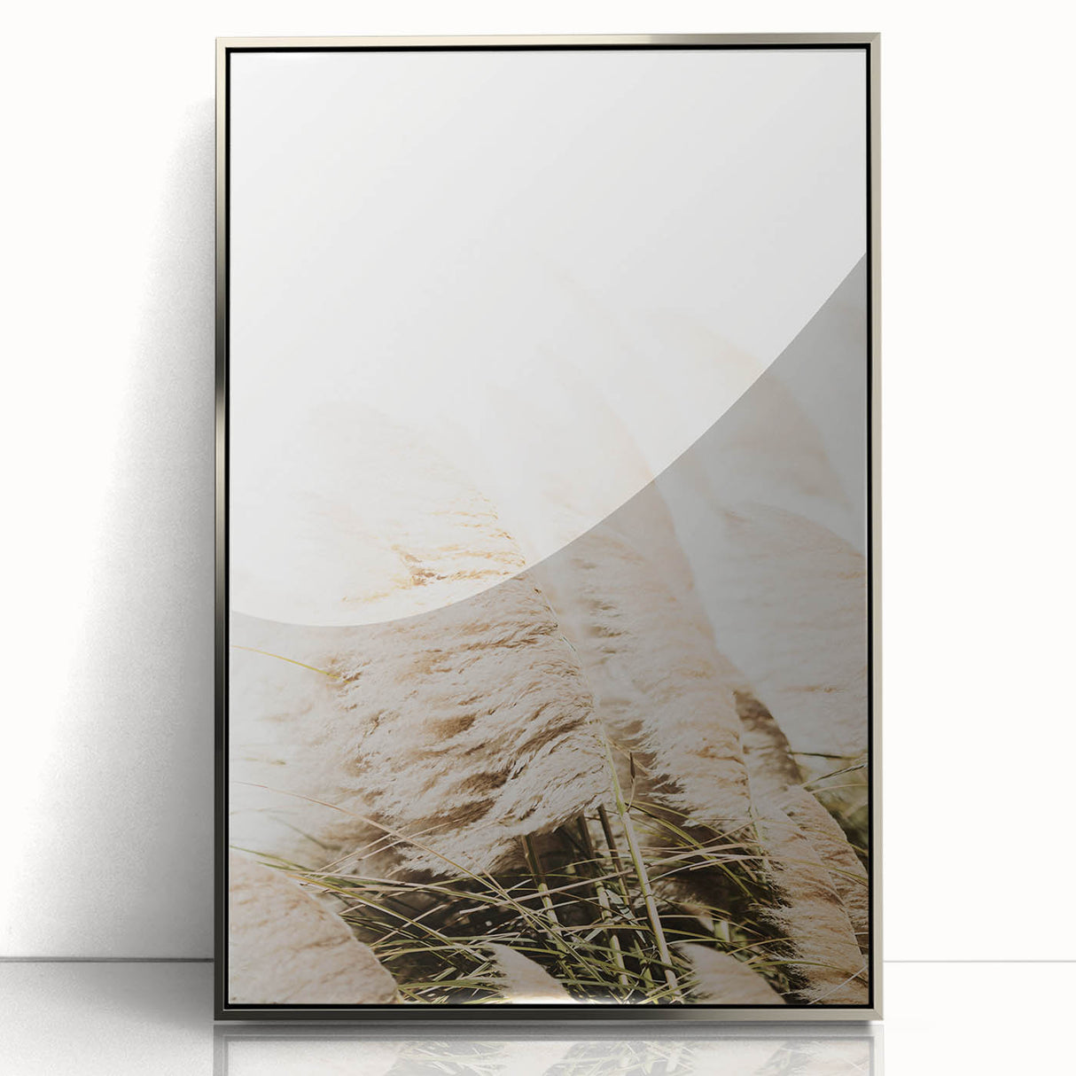 Mid-century modernist art depicting a summer scene with vibrant colors on a silver-framed acrylic print.