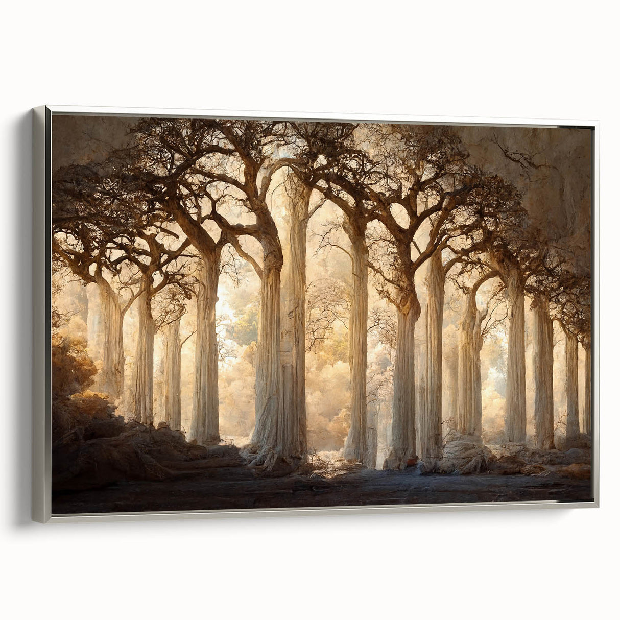 Framed canvas wall art showcasing an abstract floral design in vibrant colors, set against a sleek silver frame, perfect for modern home decor.