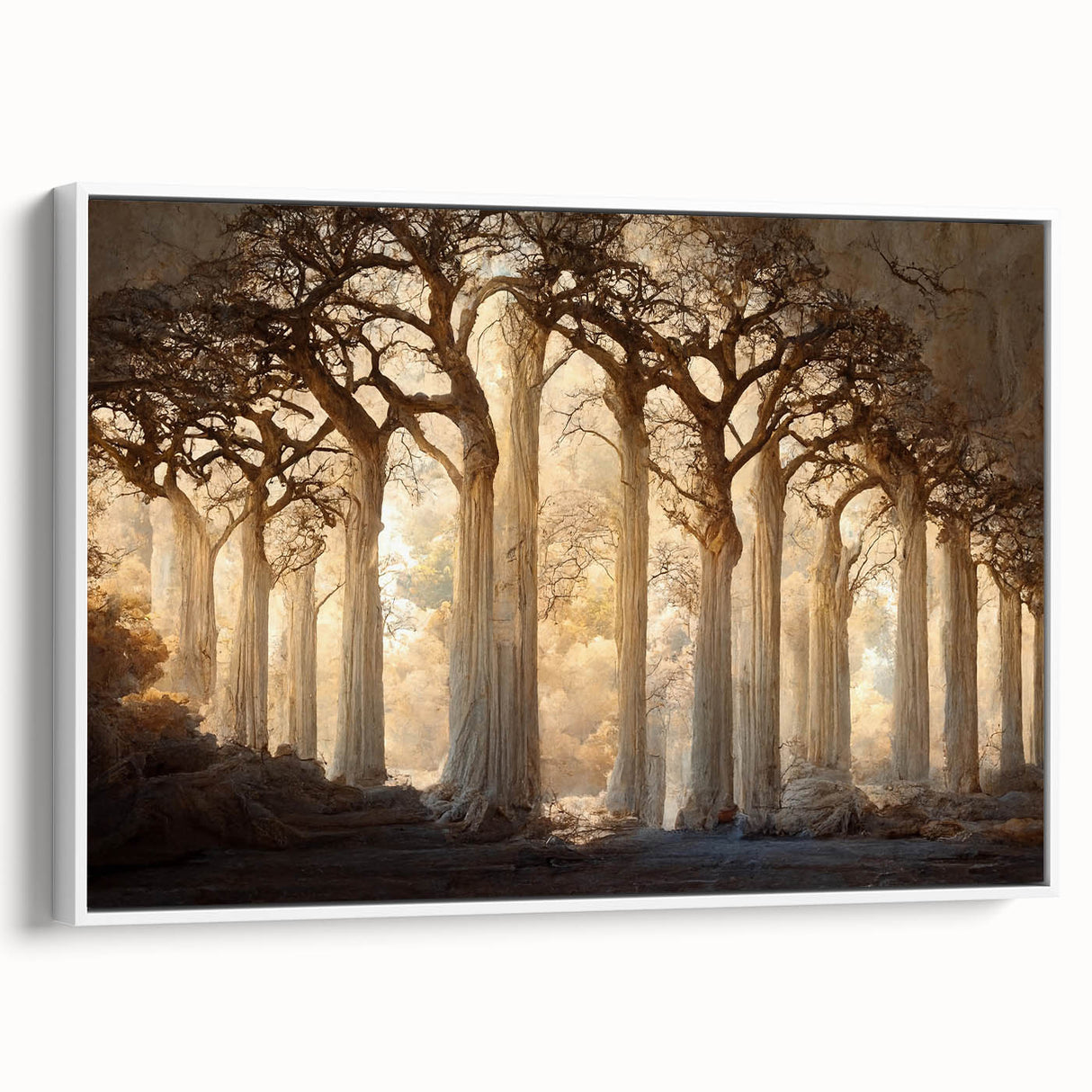 Framed abstract floral wall art in a white frame, showcasing vibrant colors and intricate details, perfect for modern home decor. View from the side emphasizes its depth and elegance.