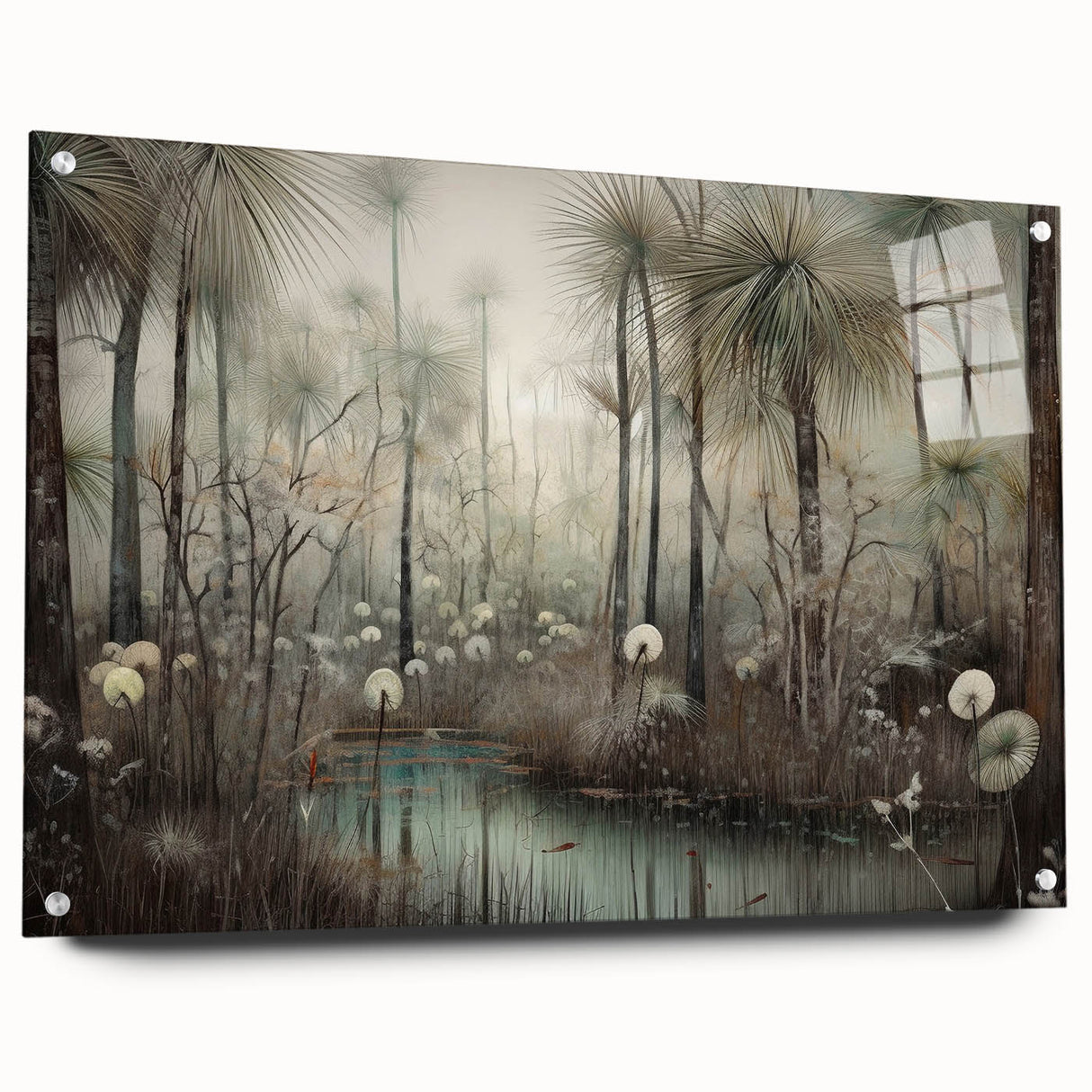 Abstract landscape wall art design displayed in a sleek acrylic frame, showcasing vibrant colors and intricate patterns, perfect for modern home decor.