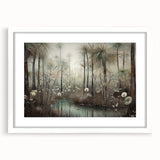 Abstract landscape wall art framed in white, showcasing vibrant colors and intricate details, ideal for modern home decor and interior design enhancement.