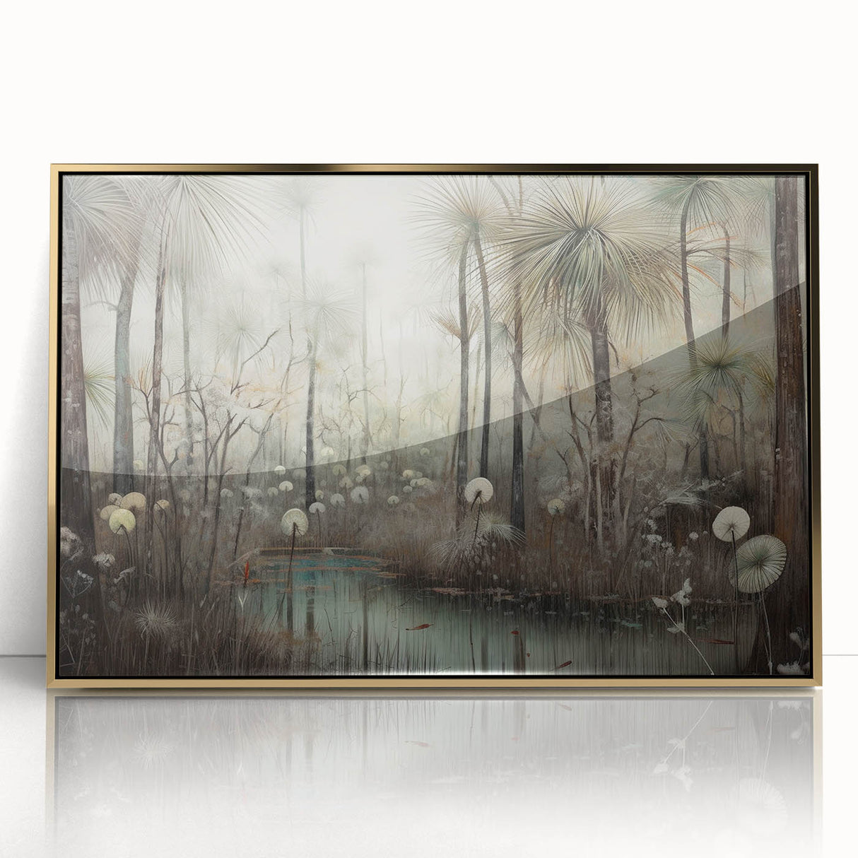 Framed abstract landscape wall art featuring a gold-accented design, perfect for modern decor. The artwork showcases vibrant colors and intricate details, enhancing any living space.