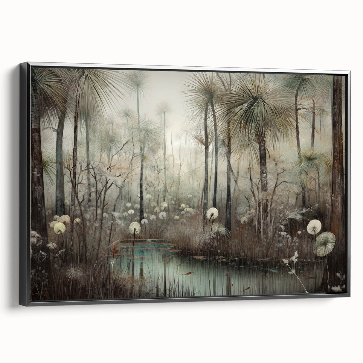 Framed abstract landscape wall art showcasing a blend of earthy tones and dynamic shapes, presented in a sleek black frame, perfect for modern decor.