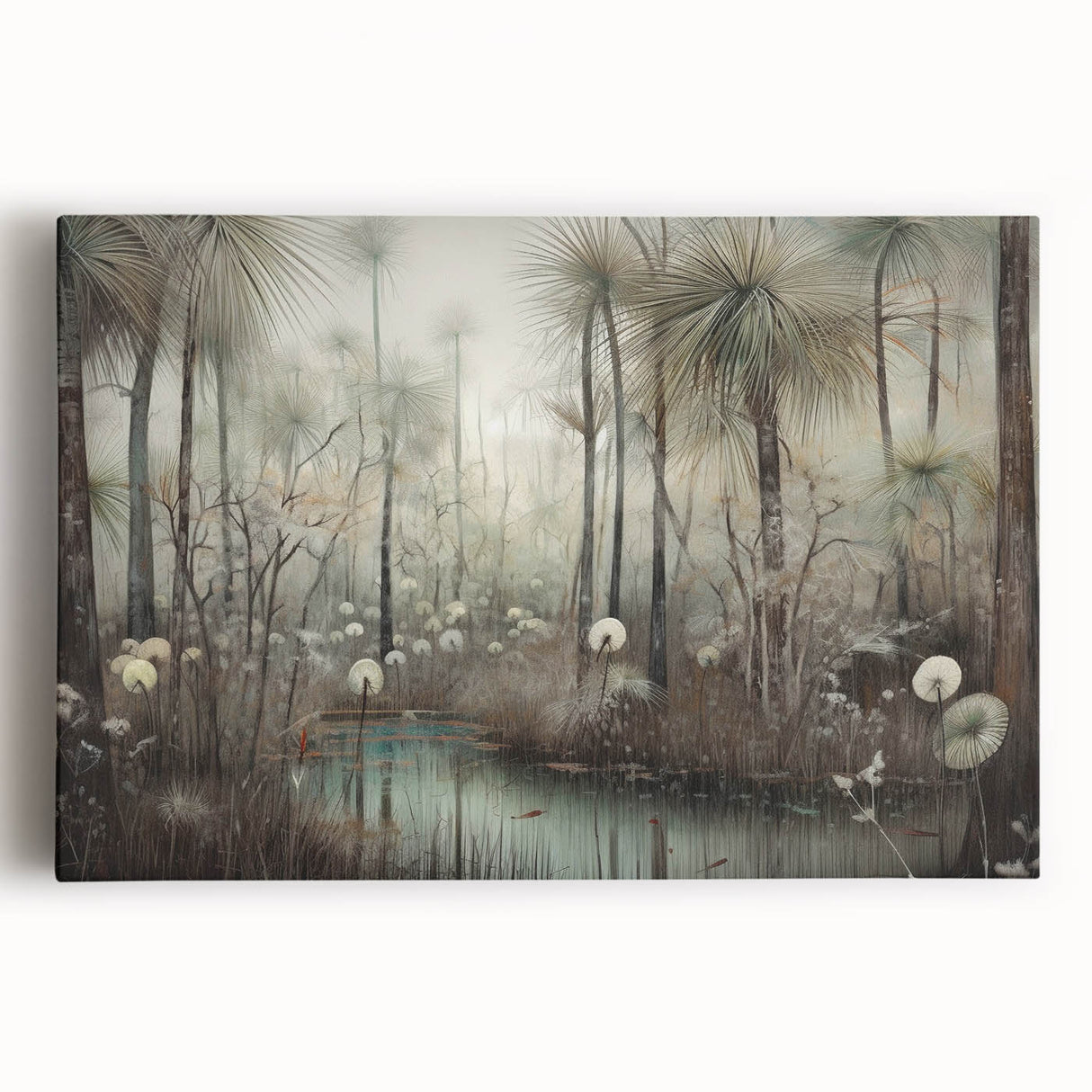 Abstract landscape wall art on stretched canvas showcasing vibrant colors and fluid shapes, perfect for modern decor in living spaces or offices.
