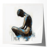 Abstract figurative art print showcasing vibrant colors and dynamic shapes, displayed in a glossy mockup setting, perfect for modern home decor and artistic spaces.