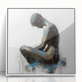 Framed acrylic artwork showcasing a colorful abstract figurative design, featuring vibrant hues of blue, red, and yellow, set against a sleek white frame. Ideal for modern home decor, this piece adds a contemporary touch to any living space.