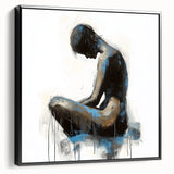 Framed abstract figurative canvas art in black, showcasing a modern design with bold lines and shapes, perfect for contemporary home decor.