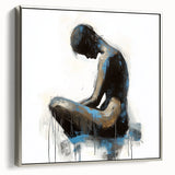 Framed abstract figurative canvas art showcasing elegant silver accents, ideal for modern interiors. Side view highlights the artwork's depth and texture.