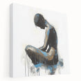Stretched canvas artwork showcasing an abstract figurative design in vibrant colors, viewed from the side, emphasizing its textured surface and gallery-ready edges. Ideal for modern home decor or art enthusiasts looking to enhance their living space with unique artistic expressions.