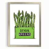 Textured abstract art print of assorted fruits in muted earth tones, framed in silver, ideal for bedroom wall decor.