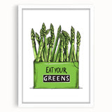 Abstract art print featuring assorted fruits in vibrant colors on a white framed mat, ideal for dining room decor.