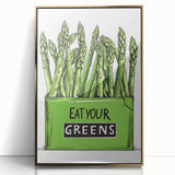 Large art print of assorted fruits in bold colors on a gold-framed acrylic, suitable for modern kitchen decor.