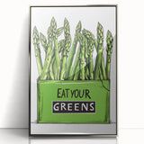 Mid-century modernist art featuring assorted fruits in vibrant colors on a silver framed acrylic, ideal for nursery wall art.